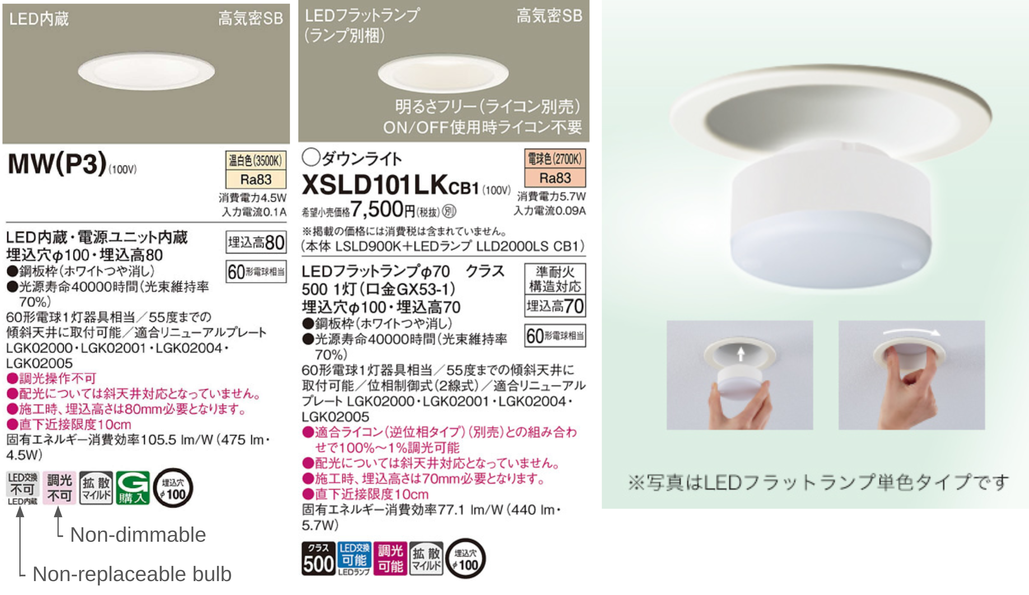 Left: the default downlight - non-dimmable and non-replaceable bulb, Middle: the final downlight - dimmable and replaceable, Right: the GX53 bulb