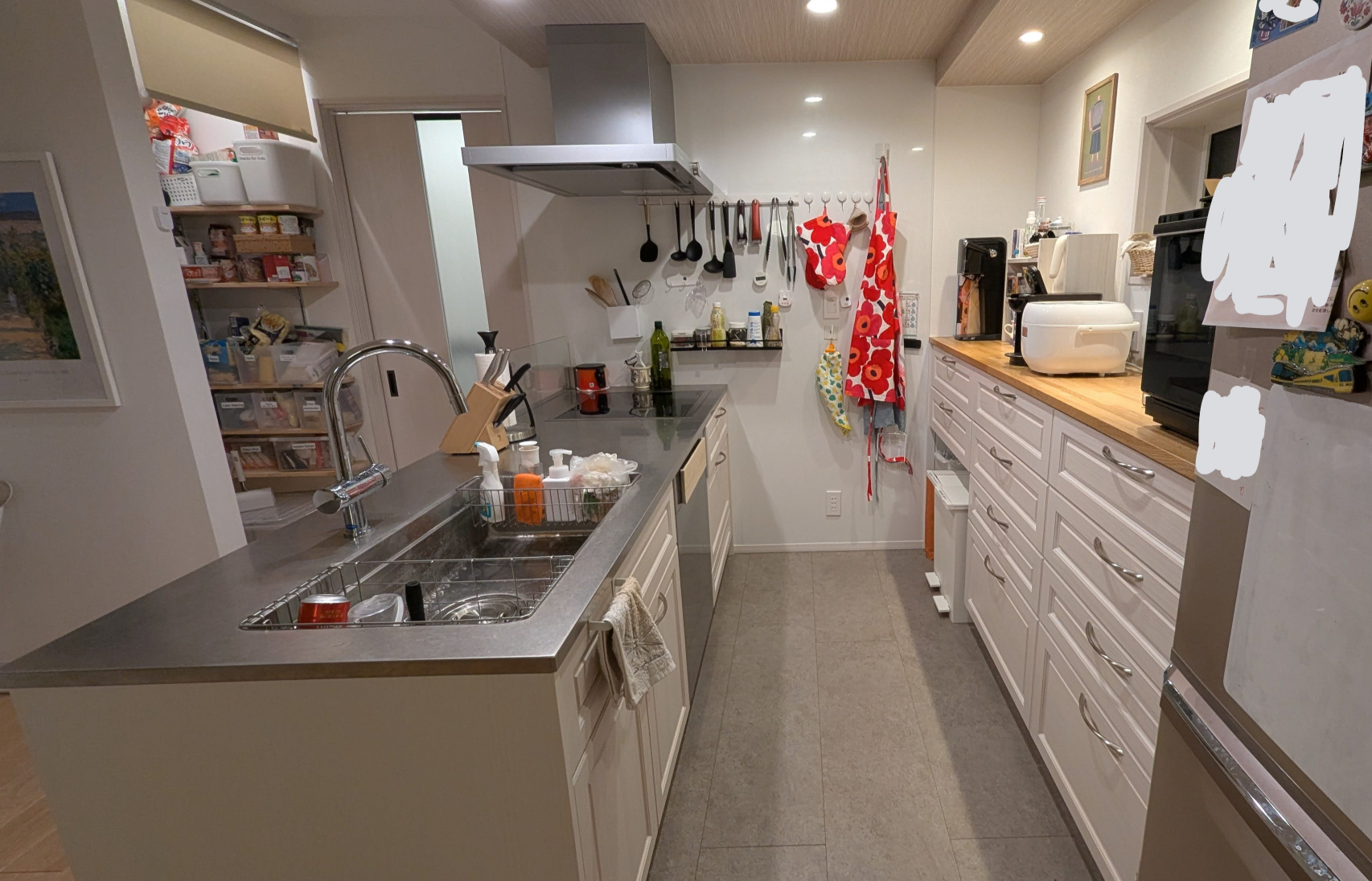 Fridge on the right, pantry on the back left